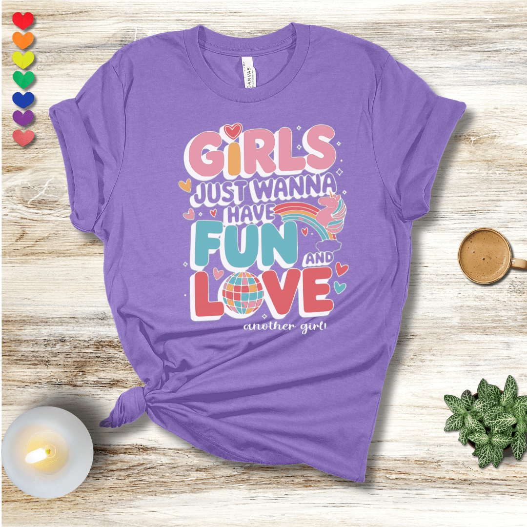 Printify T-Shirt Heather Team Purple / S Girls Just Wanna Have Fun...and love another girl