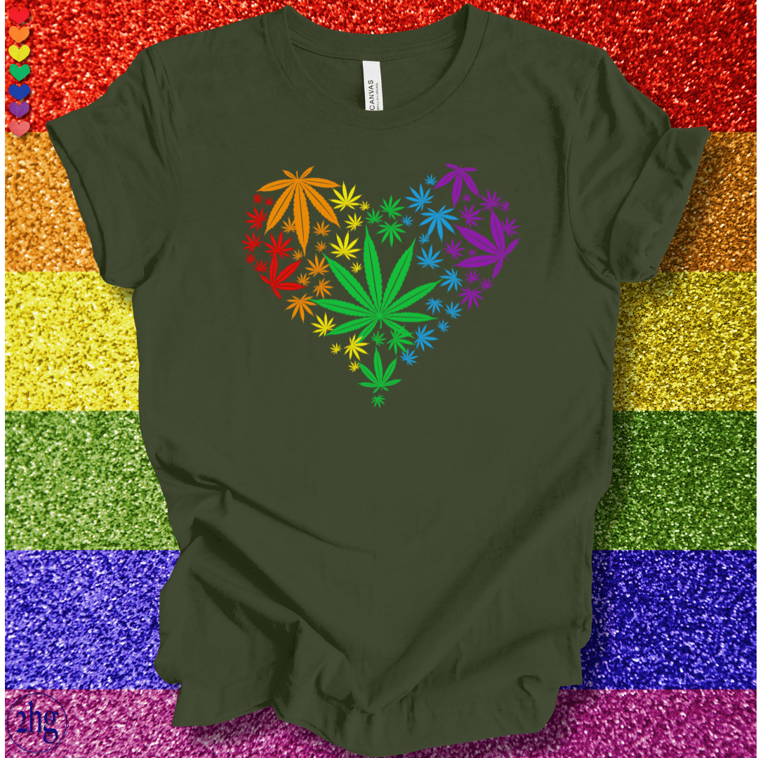 Printify T-Shirt Military Green / S Weed Rainbow Heart